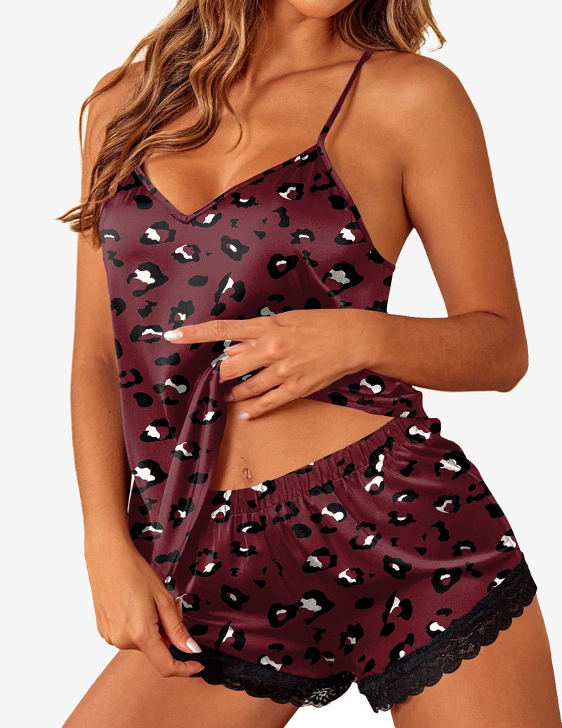 Burgundy satin pajama set with leopard print cami and black lace-trim shorts