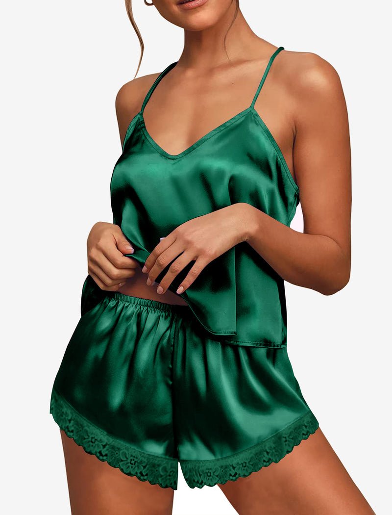 Satin Pajamas set mit Spitzen-Cami und Shorts, Dunkelgrün