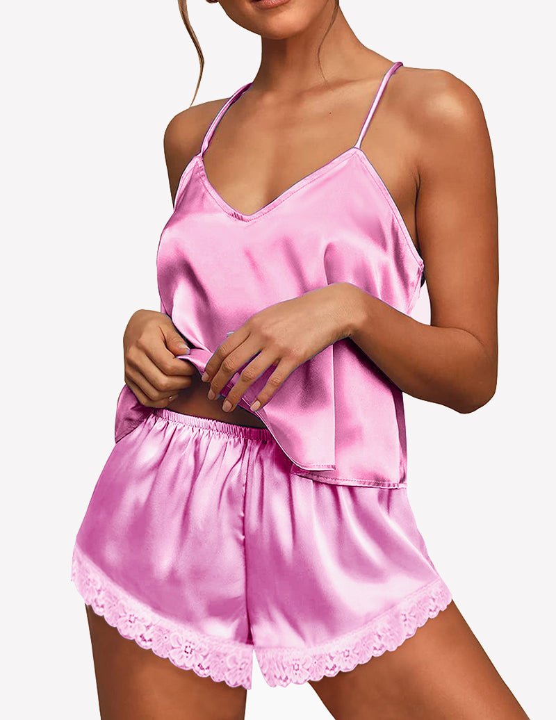 Satin pajama set with lace-trim cami and shorts, hot pink