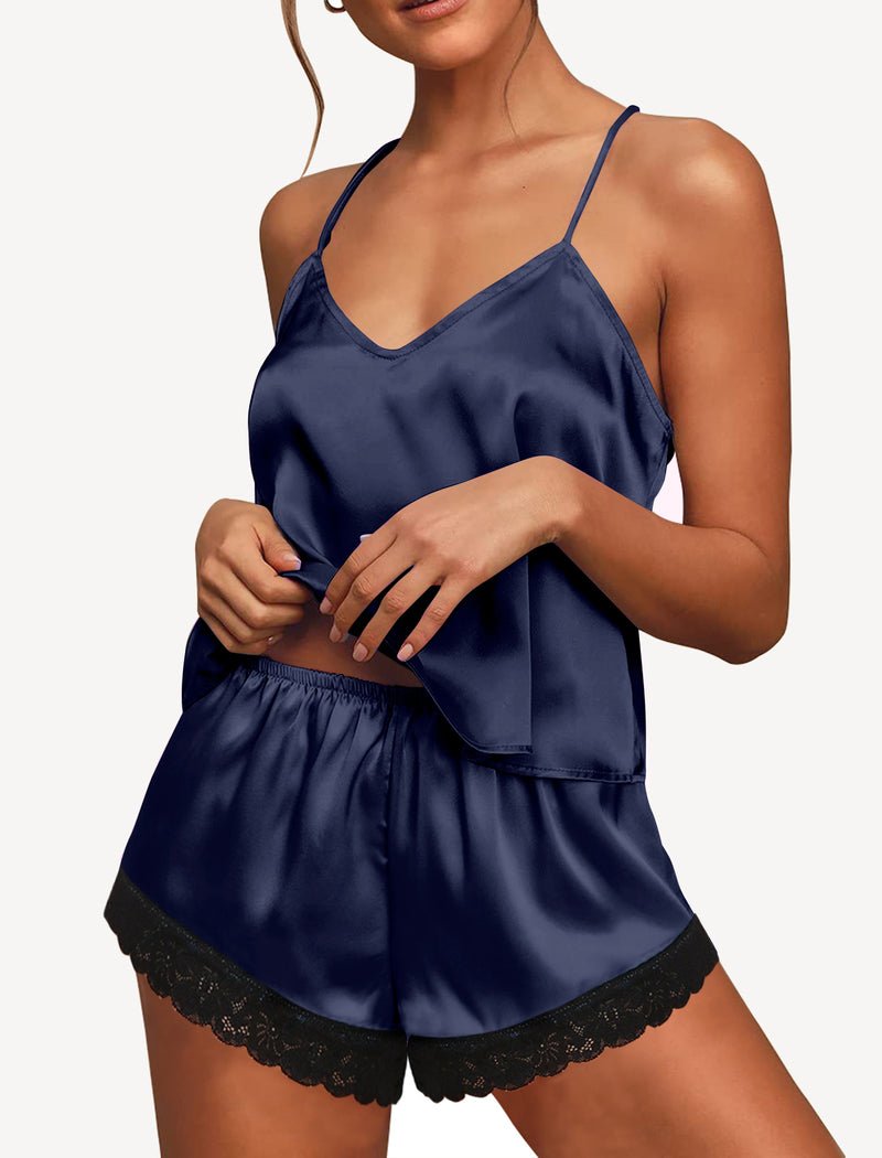 Satin Pajamas set mit Spitzen-Cami und Shorts, Navy-Blau