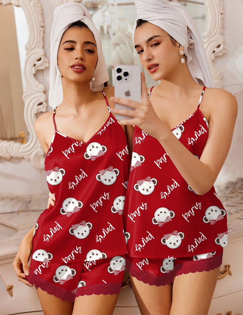 Red satin pajama cami and shorts set with bear print and scalloped lace hem