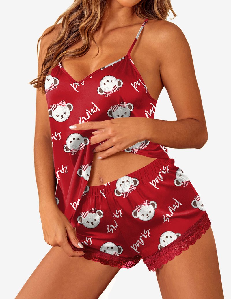 Red satin cami and lace-trim shorts set with bear pattern, V-neck front