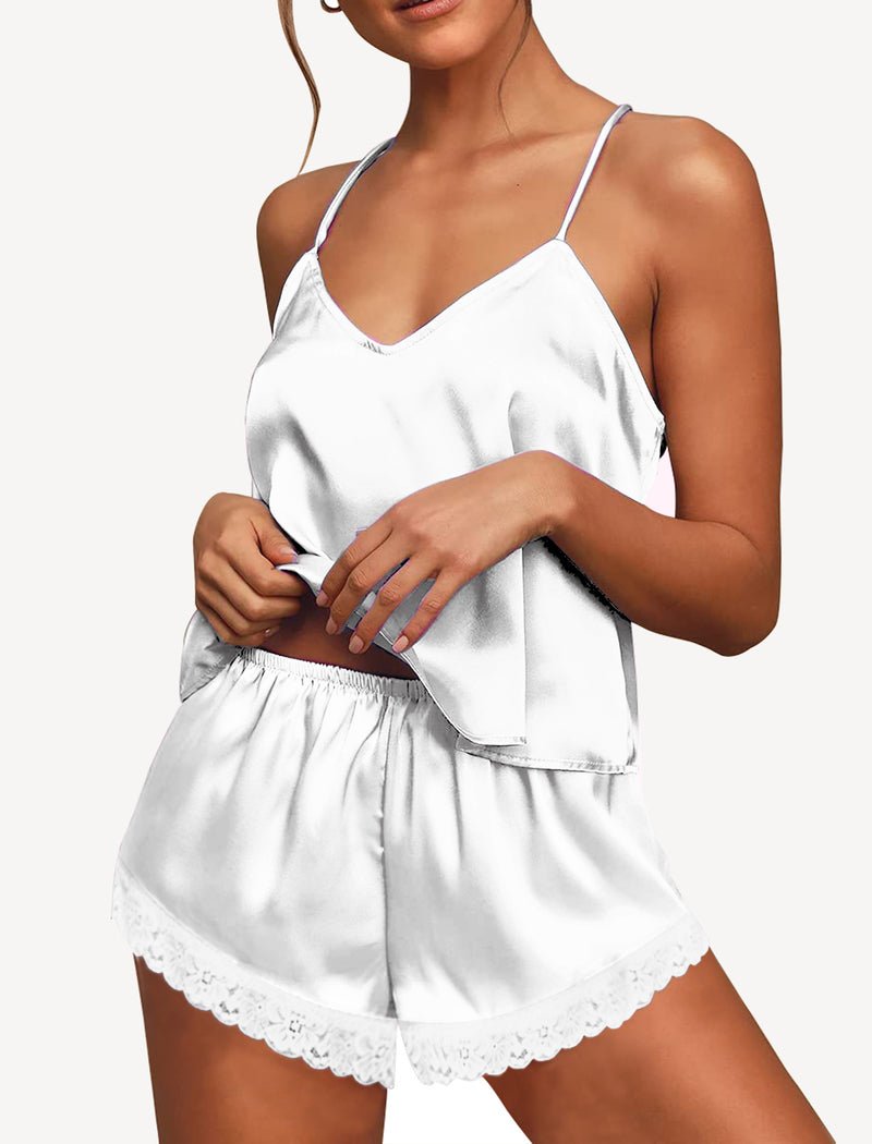 Satin pajama set with lace trim cami and shorts, white