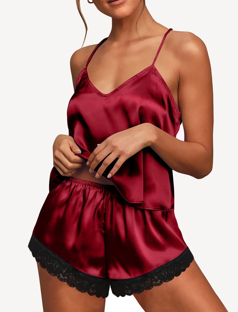 Satin pajama set with lace-edged cami and shorts, wine red