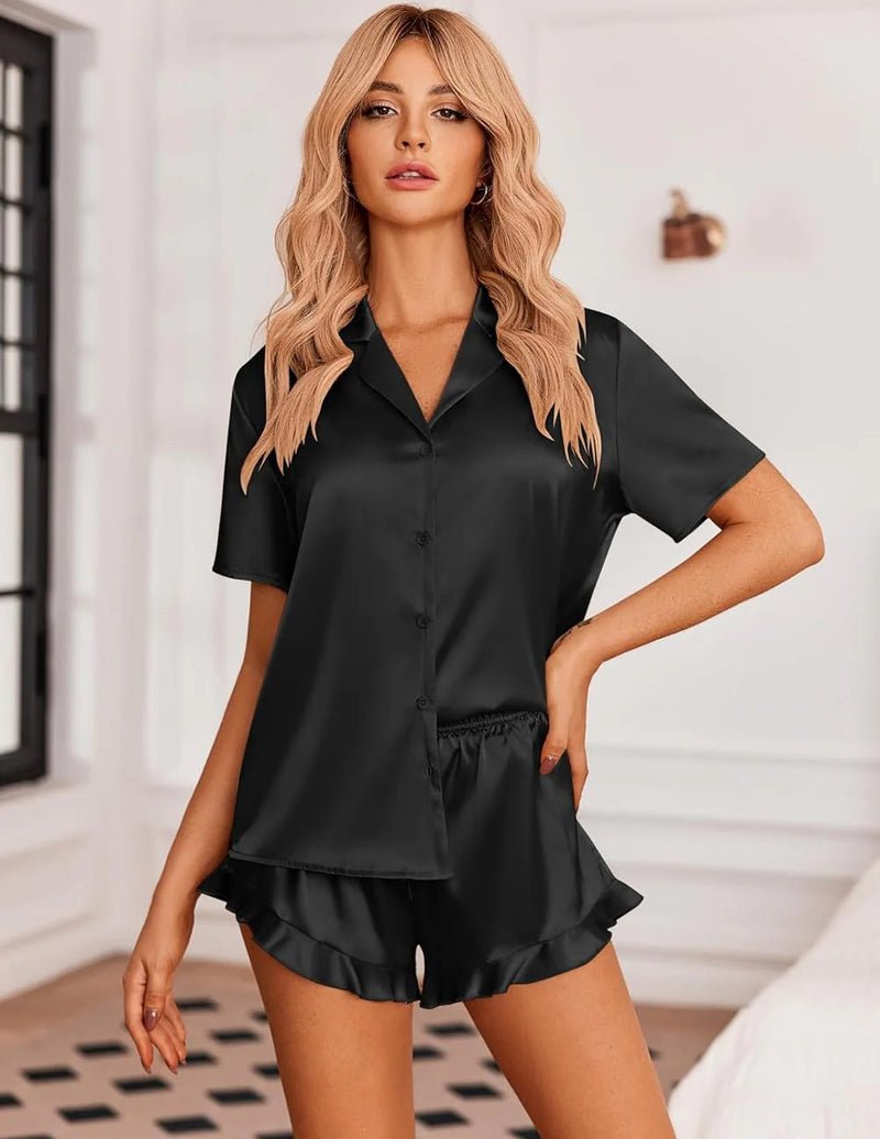 Black satin button-up pajama set with ruffled shorts, 2-piece