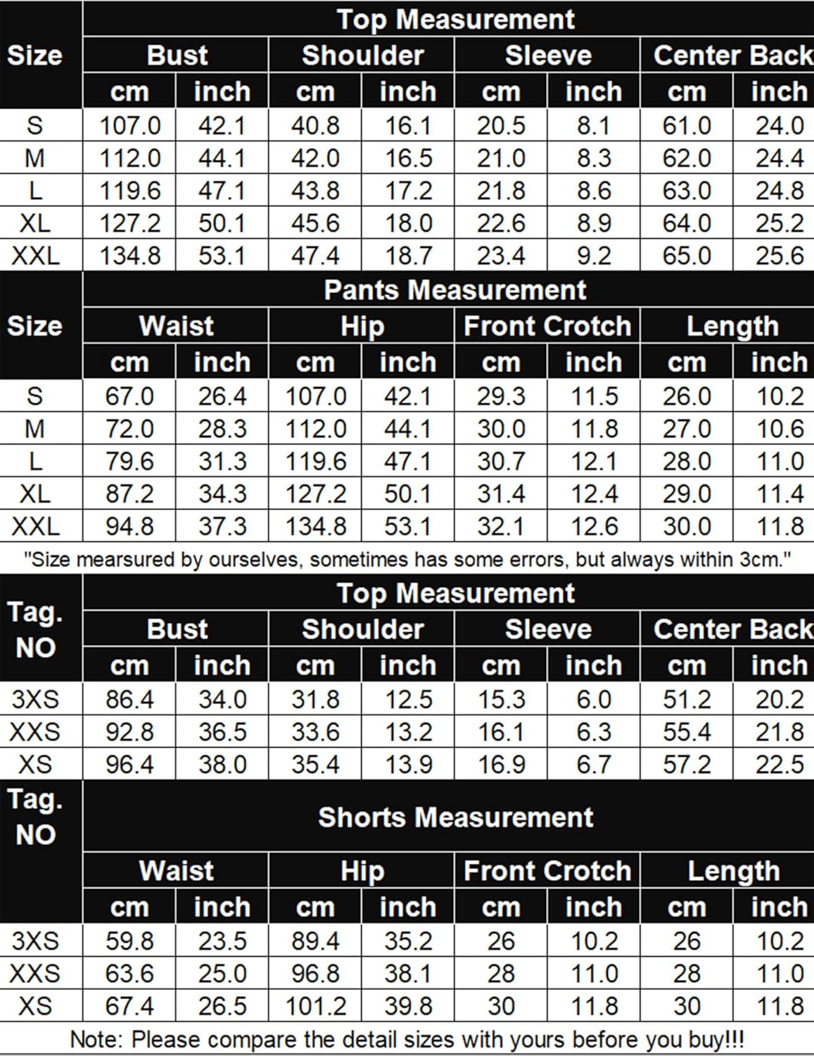 Size chart table: top bust/shoulder/sleeve and shorts waist/hip/length measurements