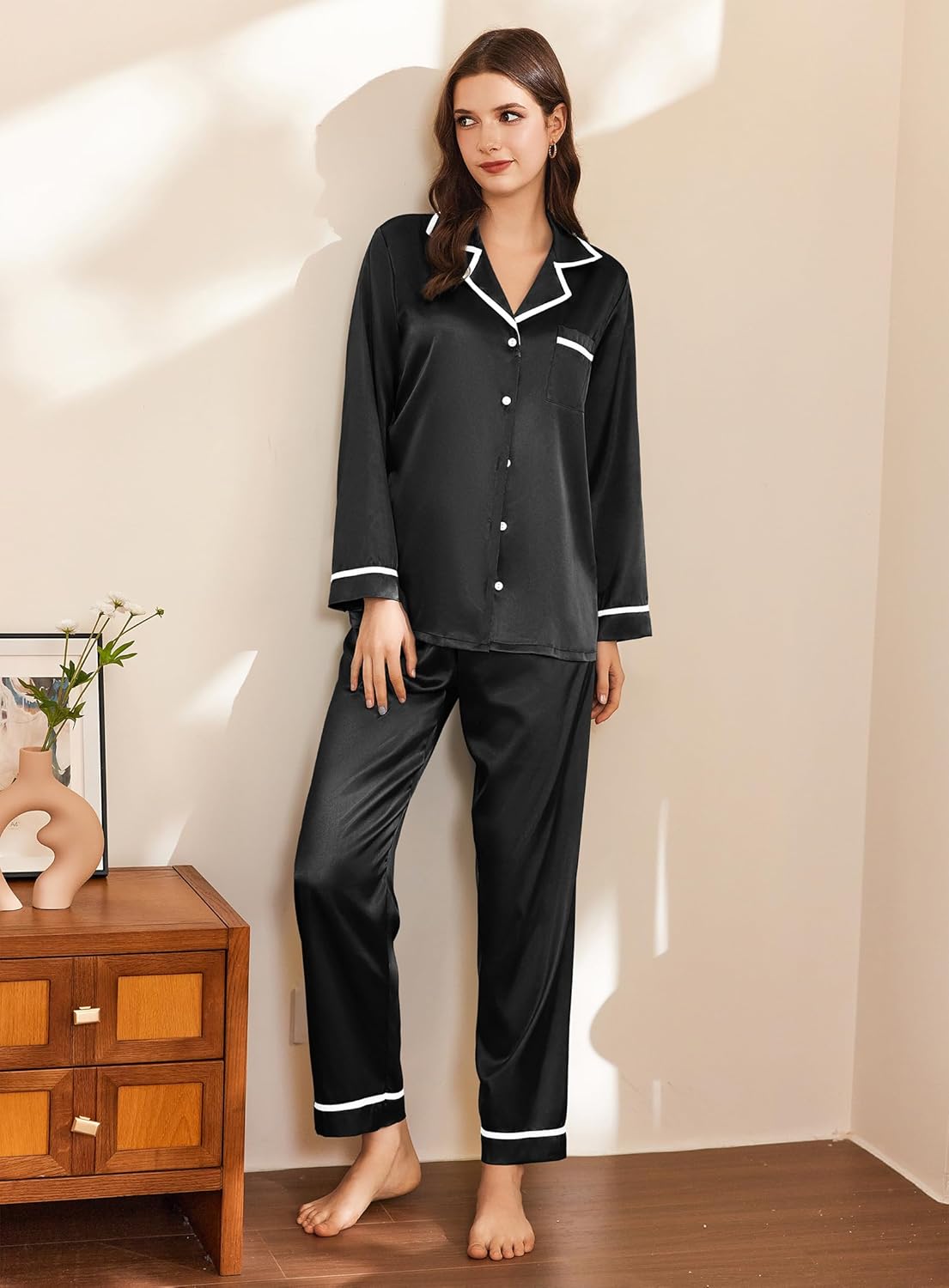 Satin pajama set, black 2-piece lounge set with notch collar and button front