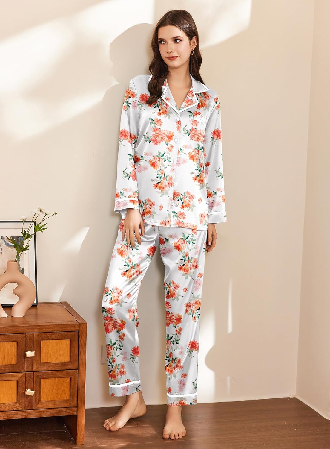 Satin pajama set, white floral print 2-piece lounge set with button front