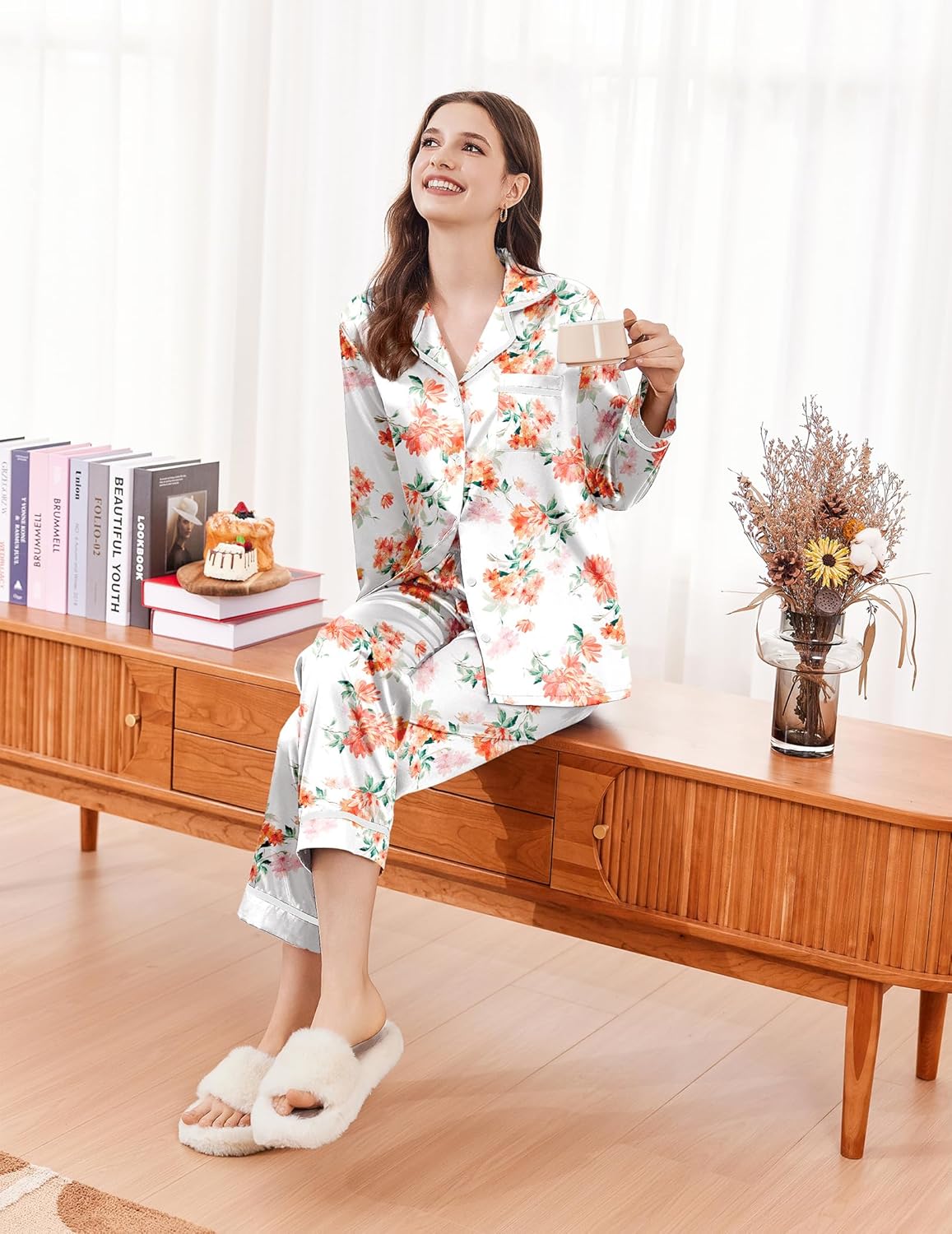 White floral satin 2-piece pajama set with button front top and cropped-length pants