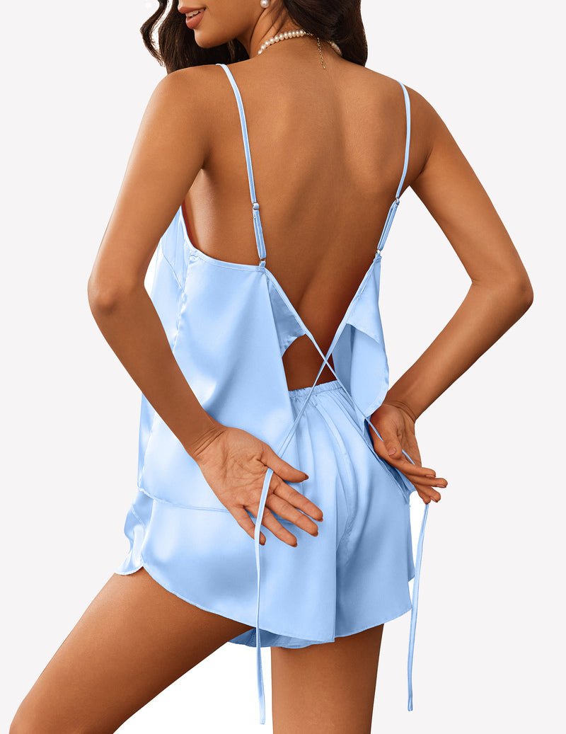 Light blue satin cami and shorts set with open back and crisscross tie straps