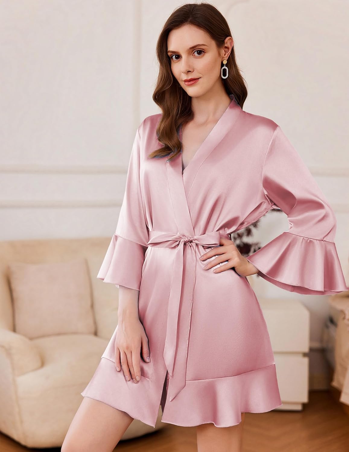 Satin kimono bathrobe short with ruffle hem, tie belt, flared sleeves in light pink