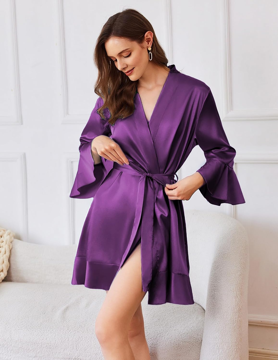 Purple satin short kimono robe with tie waist and ruffle hem