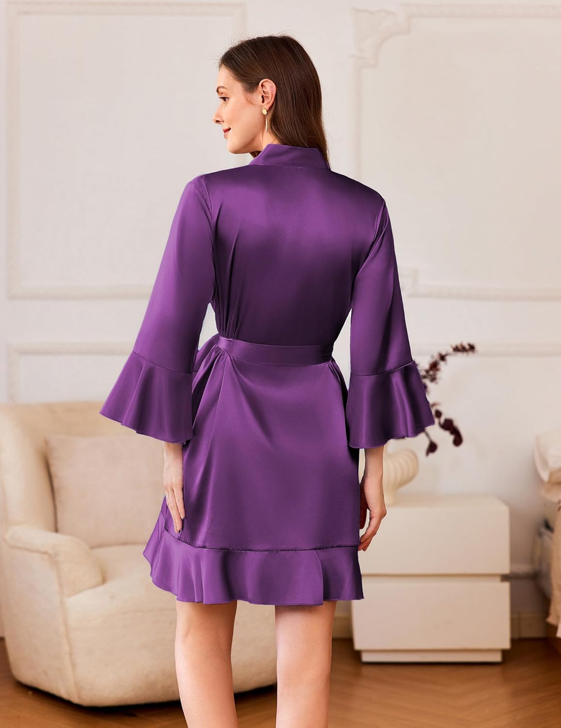Back view purple satin short kimono robe with flared sleeves, tied waist, ruffle hem
