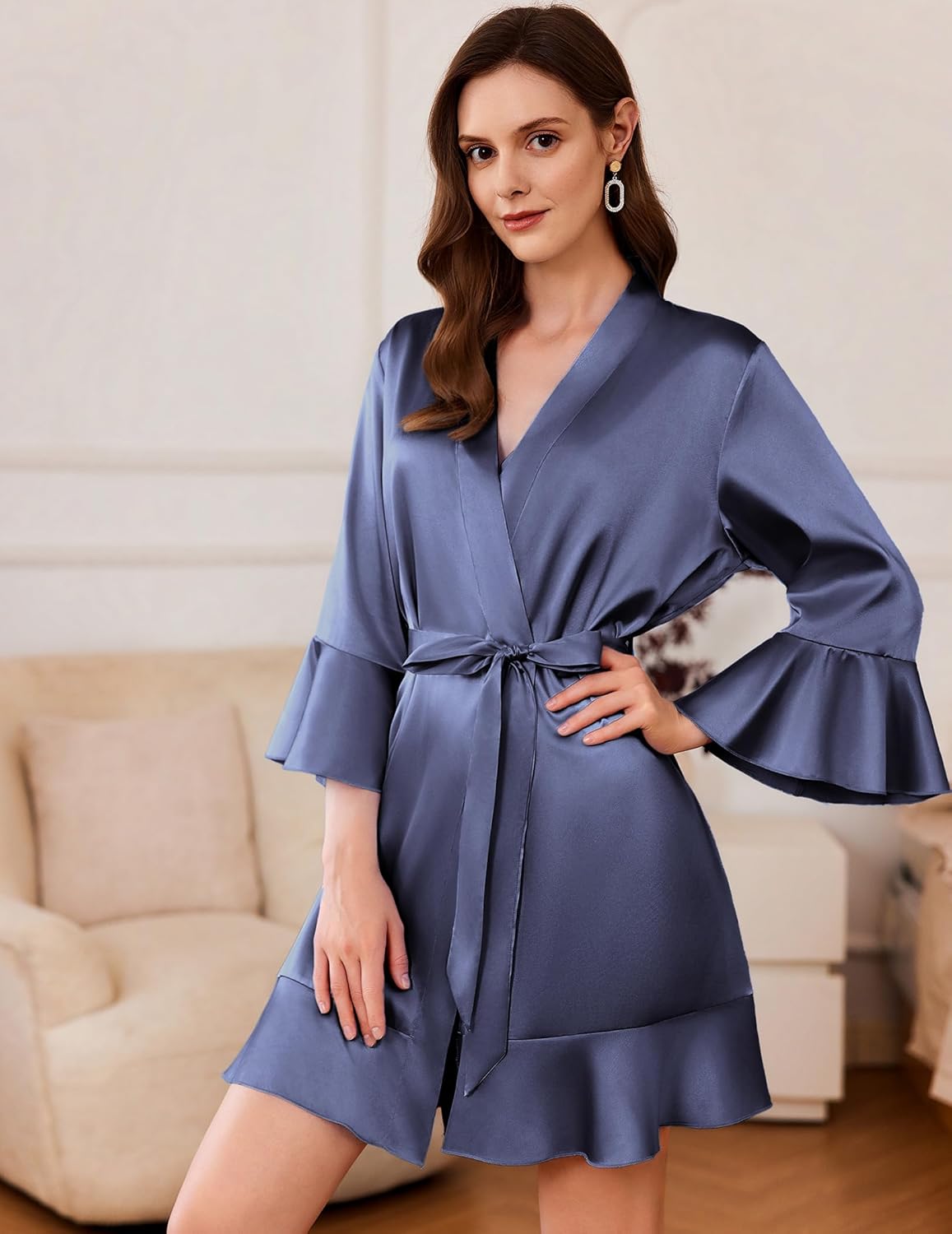Satin kimono bathrobe short with ruffle hem, tie belt, flared sleeves in purple blue
