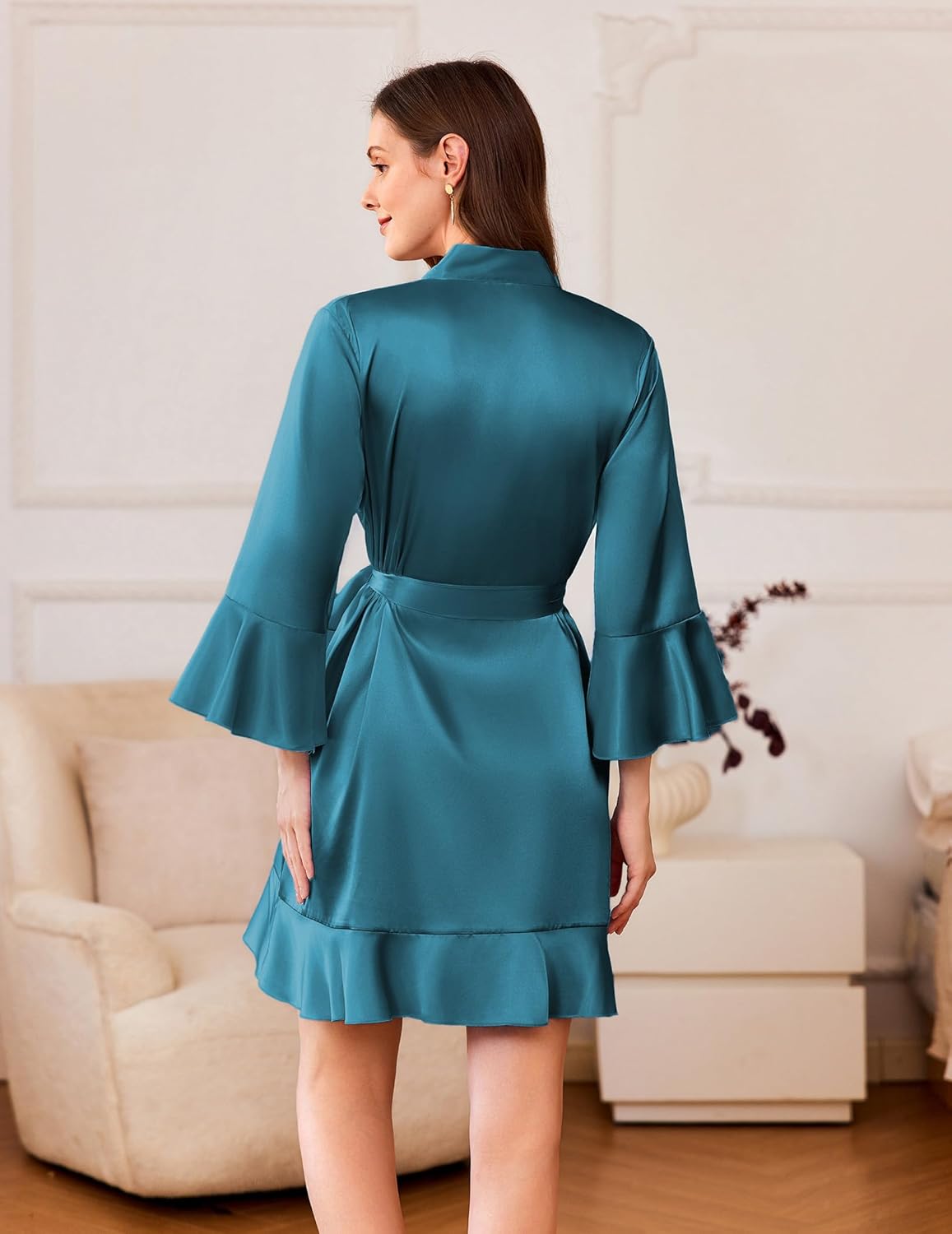 Back view satin short kimono robe with tie belt and ruffle hem in peacock blue