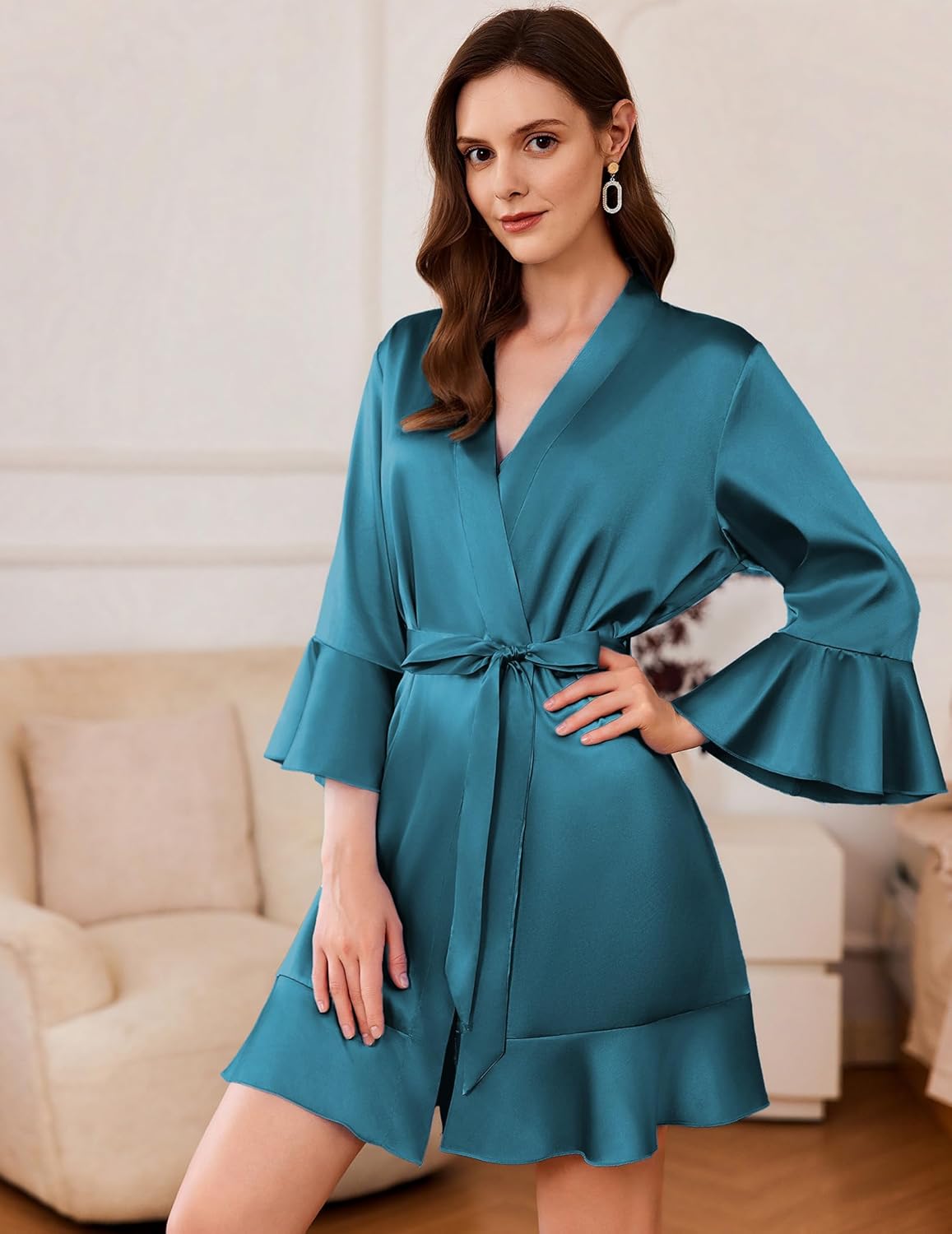 Ekouaer satin kimono robe short with ruffle hem, tie belt, flared sleeves in peacock blue