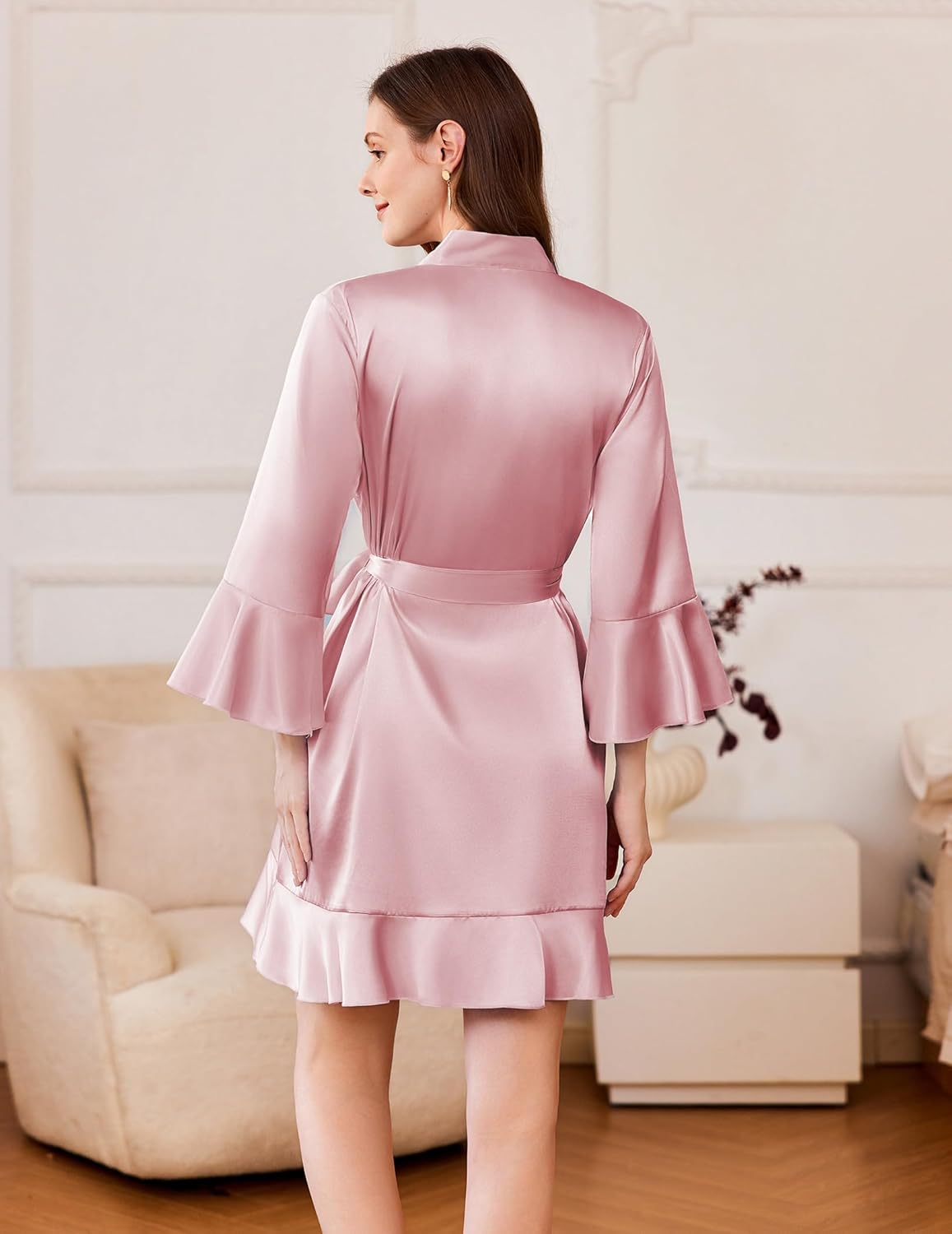 Back view satin short kimono robe with tie belt and ruffle hem in light pink