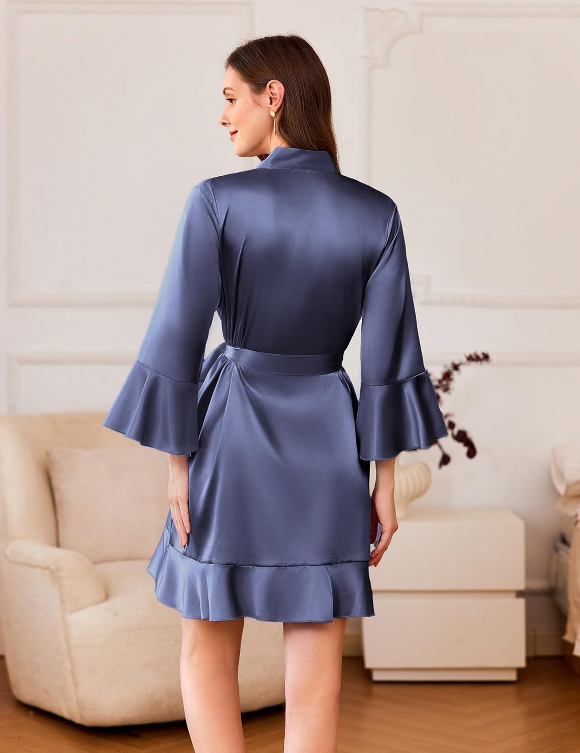 Back view satin short kimono robe with tie belt and ruffle hem in purple blue