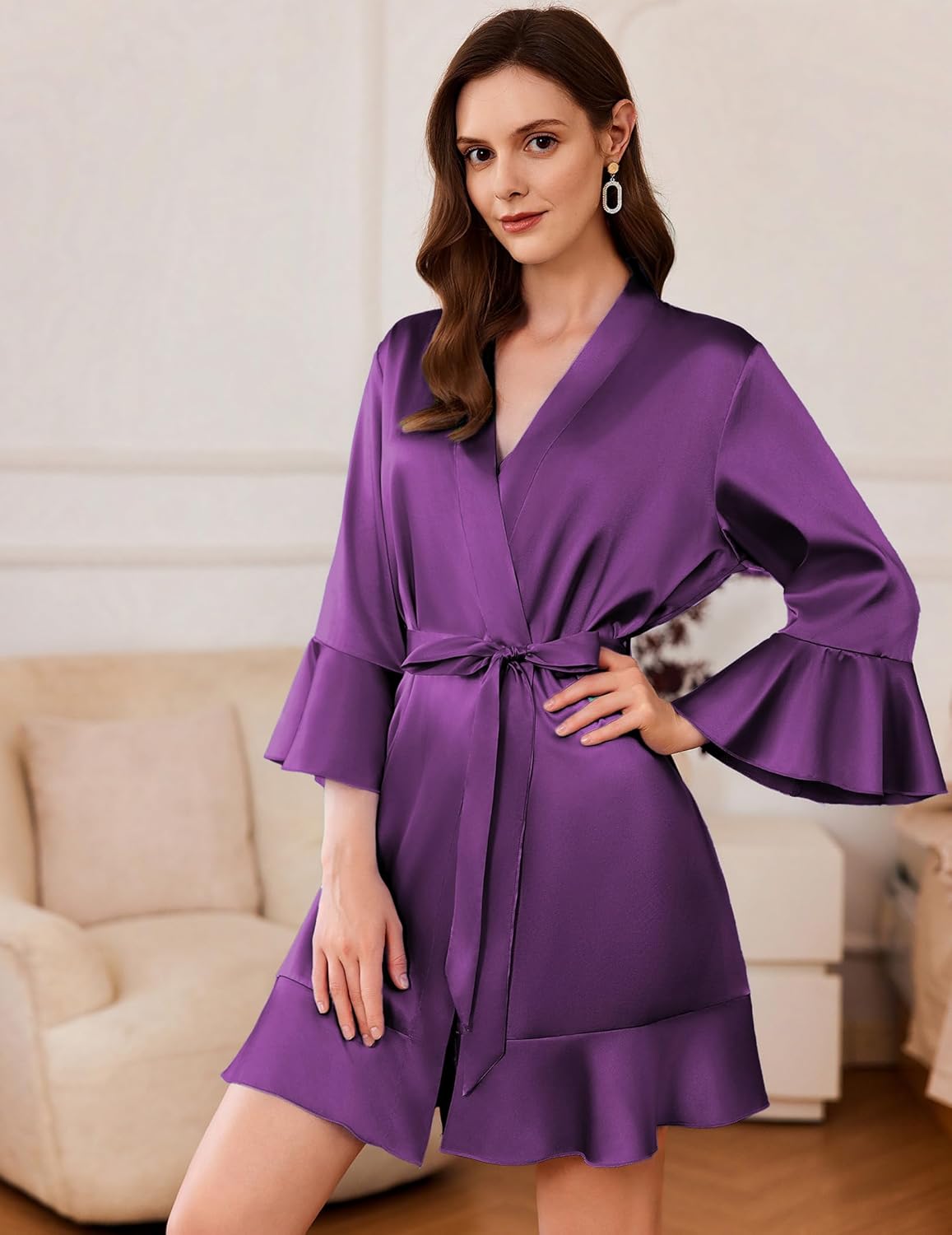Satin kimono bathrobe short with ruffle hem, tie belt, flared sleeves in deep purple