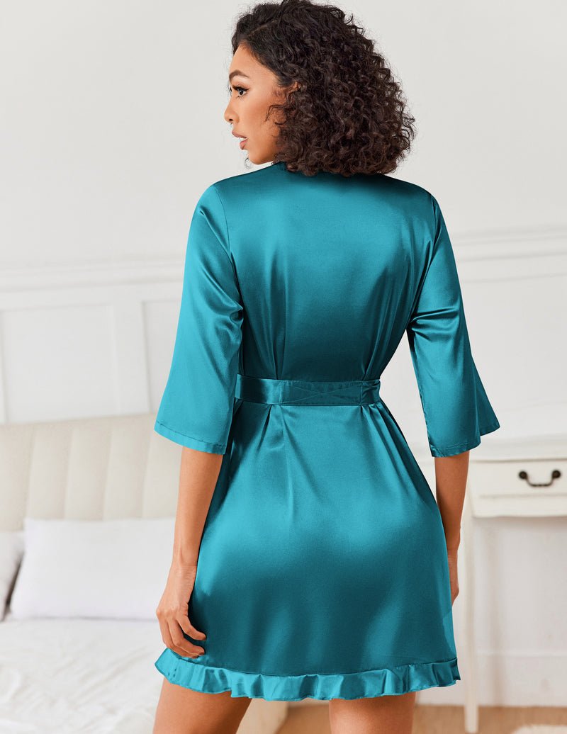 Teal satin kimono robe, 3/4 sleeves, waist tie, short ruffled hem (back view)