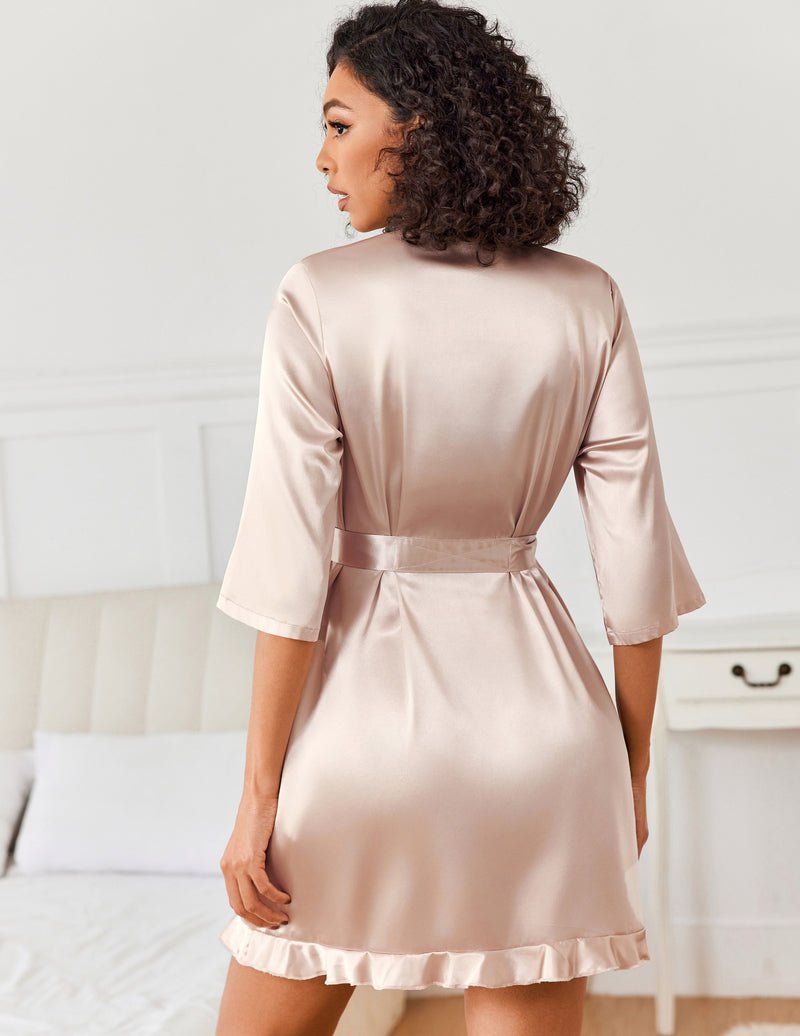 Champagne satin kimono robe back view, waist tie and ruffled hem