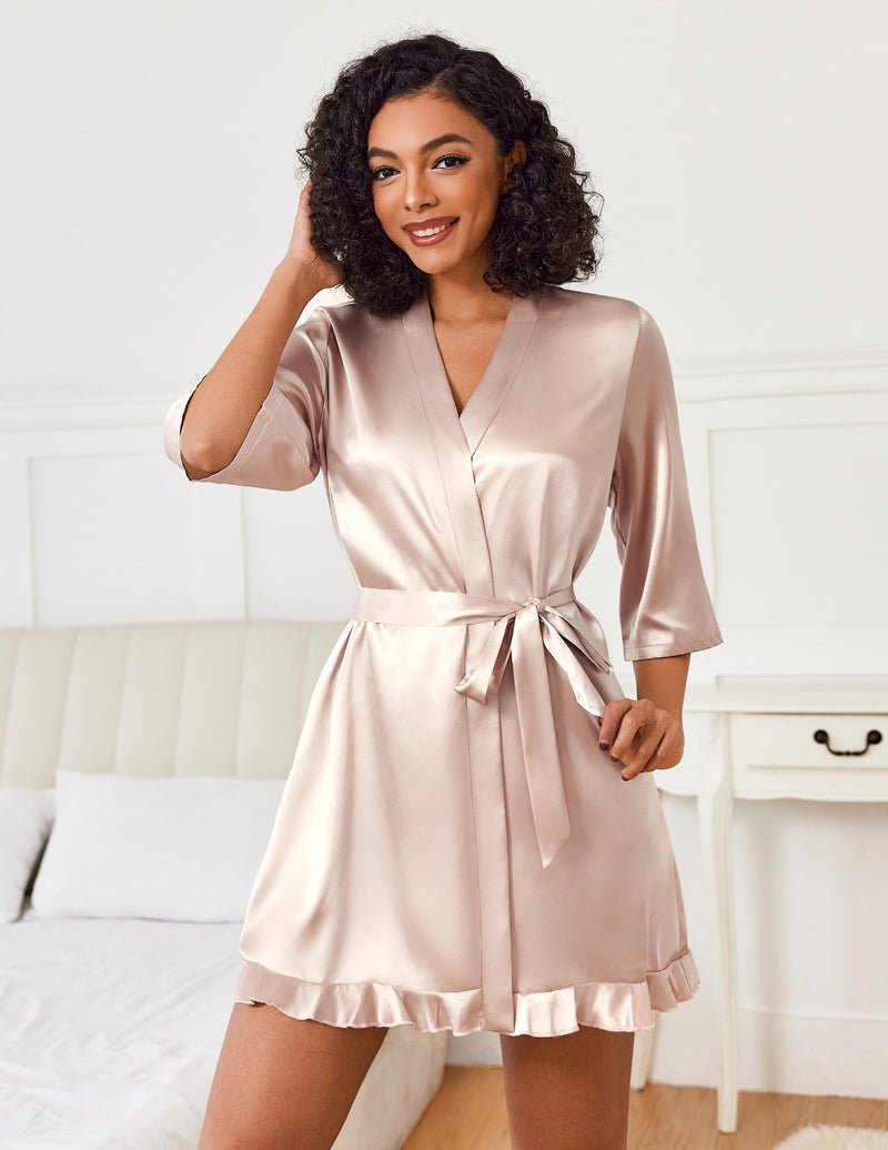 Champagne satin short kimono robe, V-neck with tie belt and ruffled hem