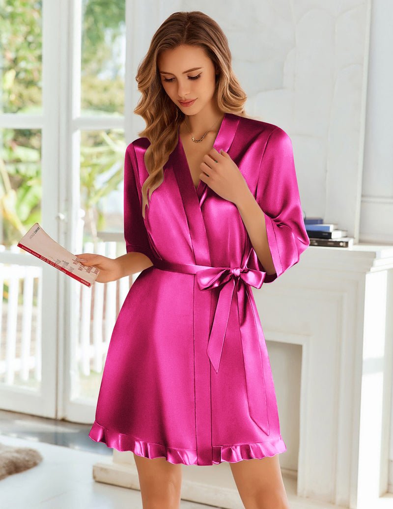Magenta satin kimono robe with waist tie belt and ruffled hem