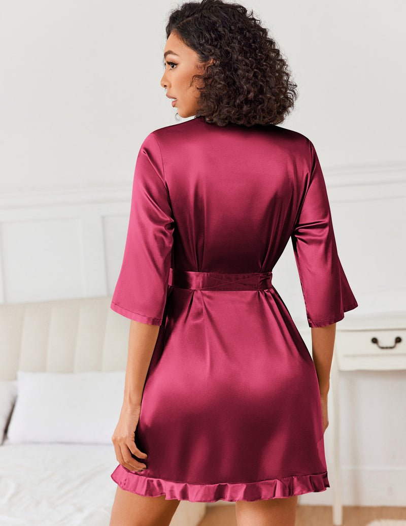 Short satin kimono robe, wine red, belted waist, ruffled hem, back view