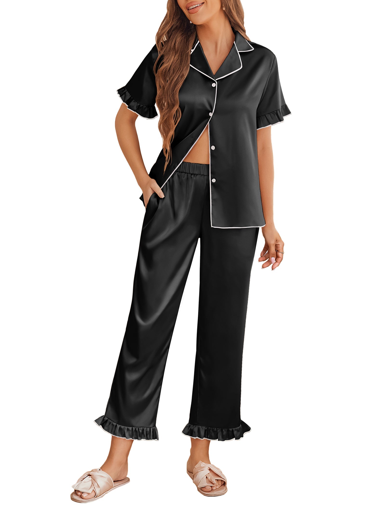 Satin Ruffle Short Sleeve Pajama Sets (US Only)