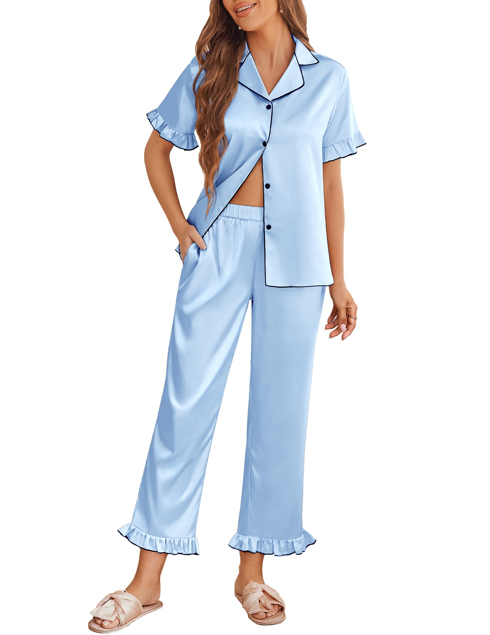 Satin Ruffle Short Sleeve Pajama Sets (US Only)