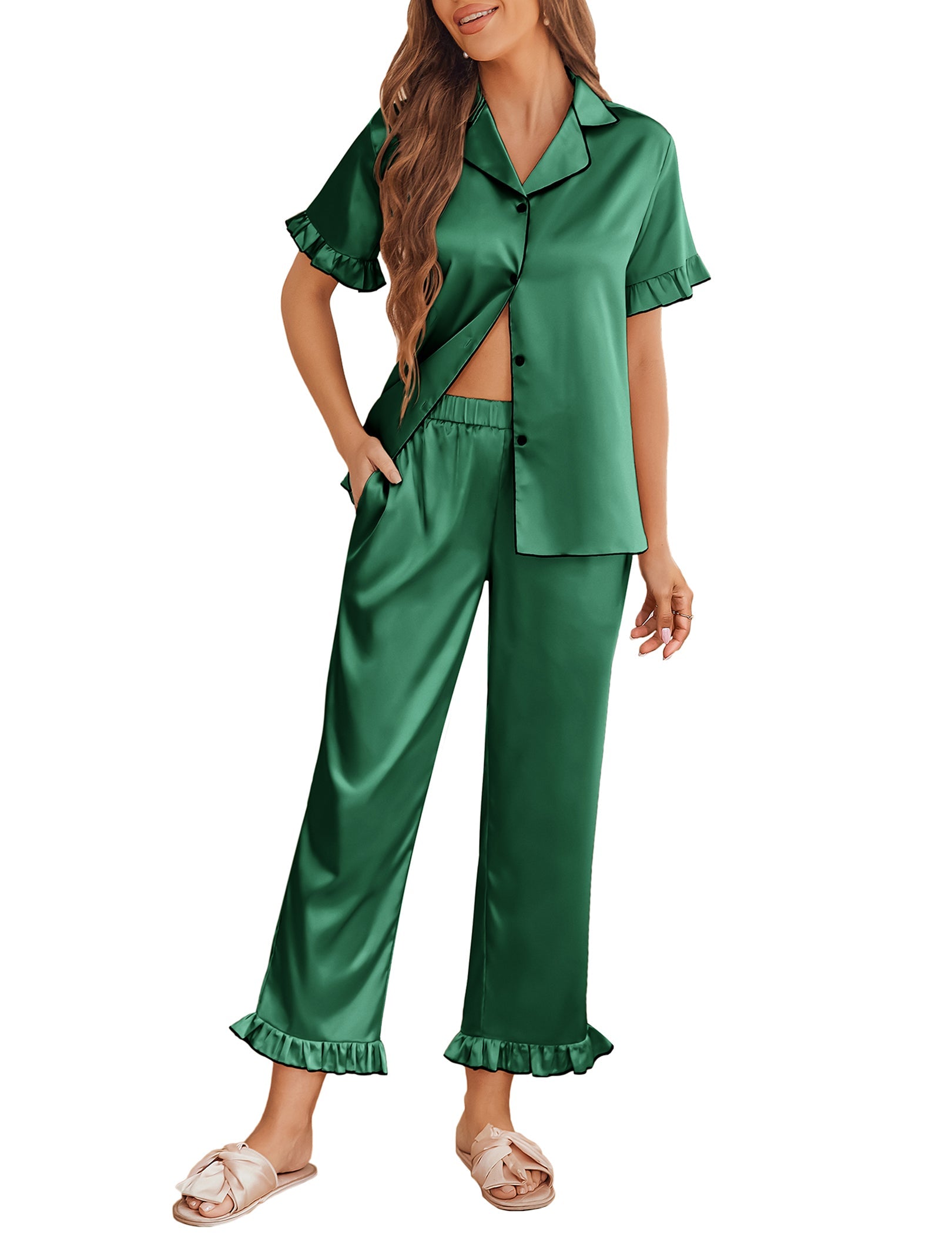 Satin Ruffle Short Sleeve Pajama Sets (US Only)