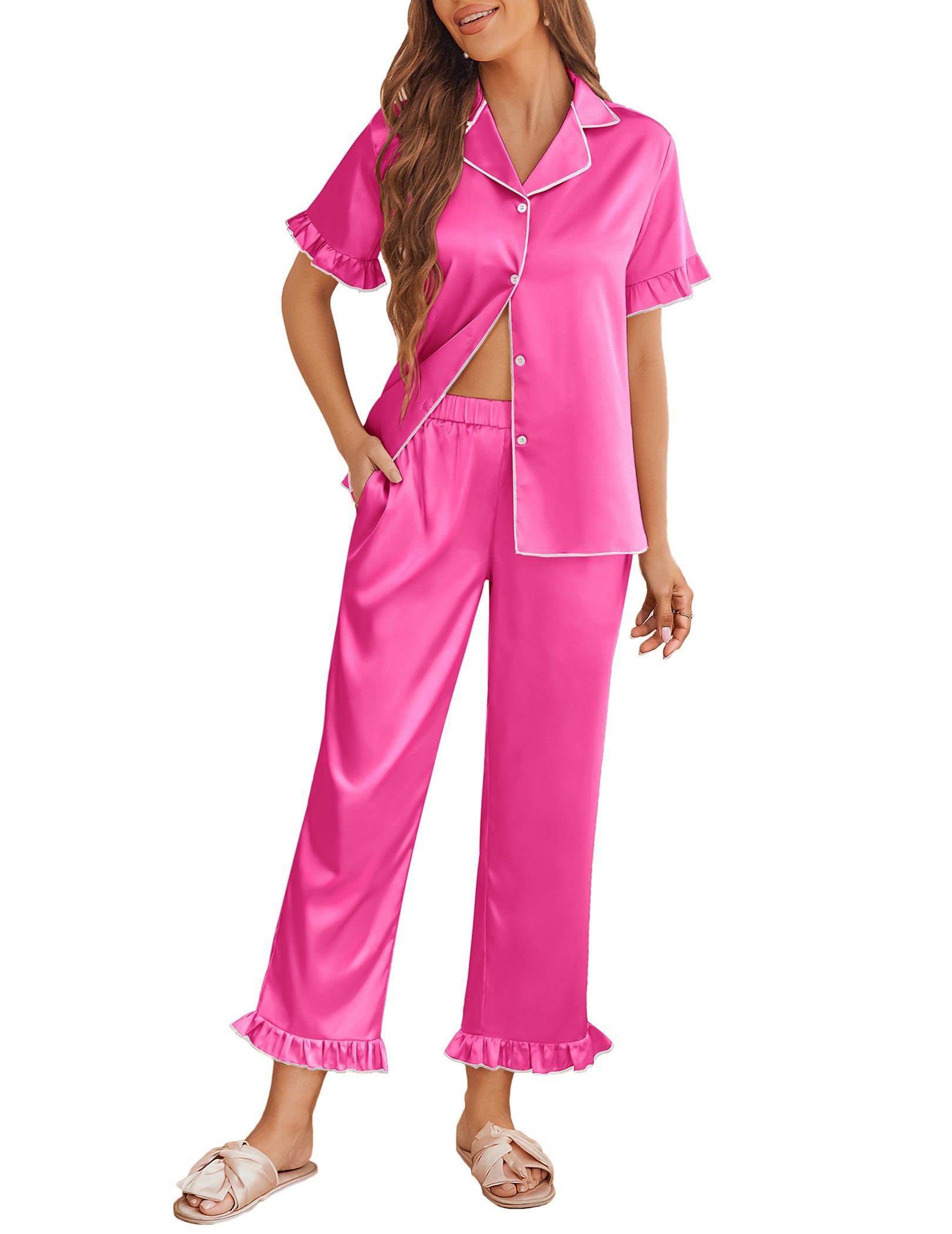 Satin Ruffle Short Sleeve Pajama Sets (US Only)