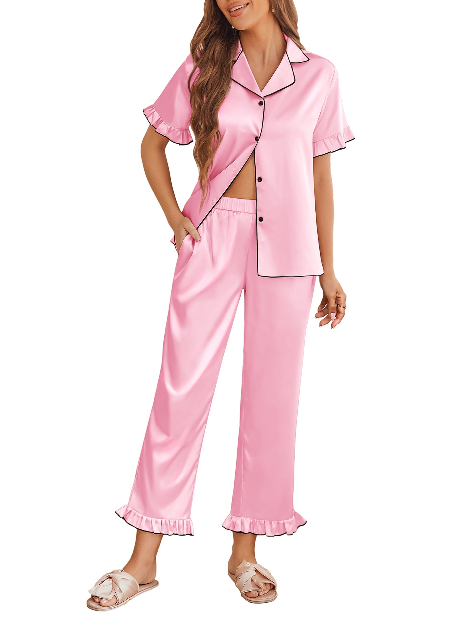 Satin Ruffle Short Sleeve Pajama Sets (US Only)