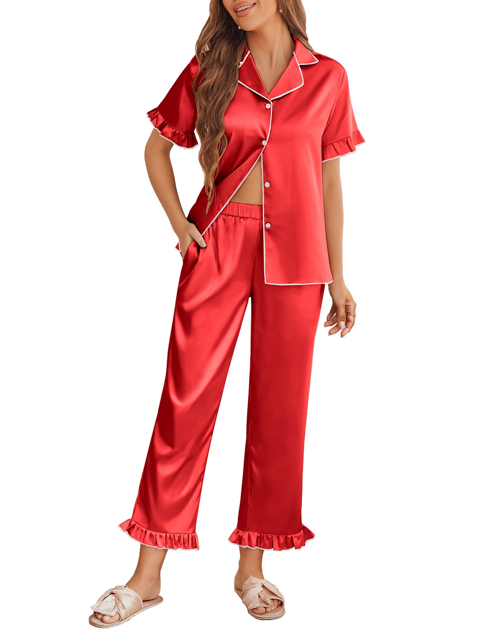 Satin Ruffle Short Sleeve Pajama Sets (US Only)