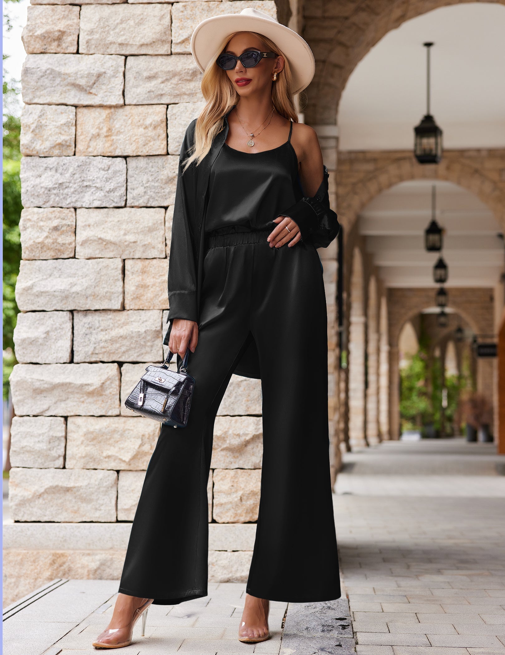 Black satin silk 3-piece lounge set with long-sleeve top and wide-leg pants