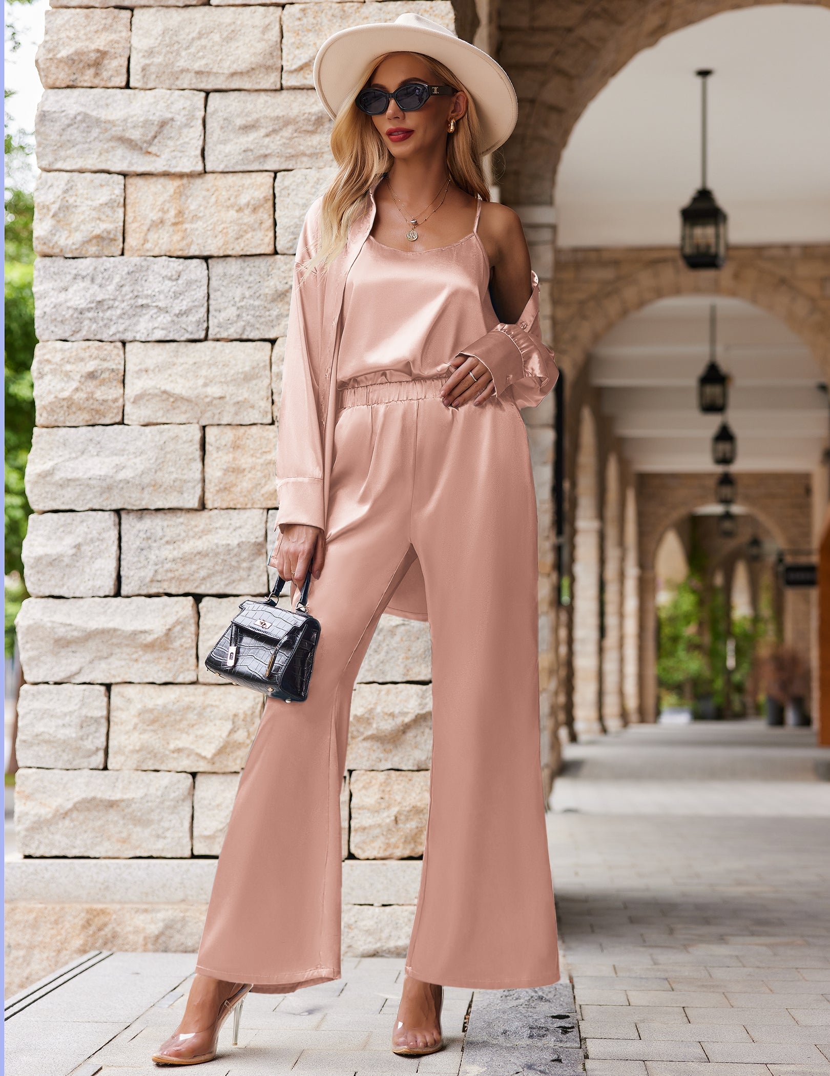 Blush pink satin silk 3-piece lounge set with long-sleeve top and wide-leg pants