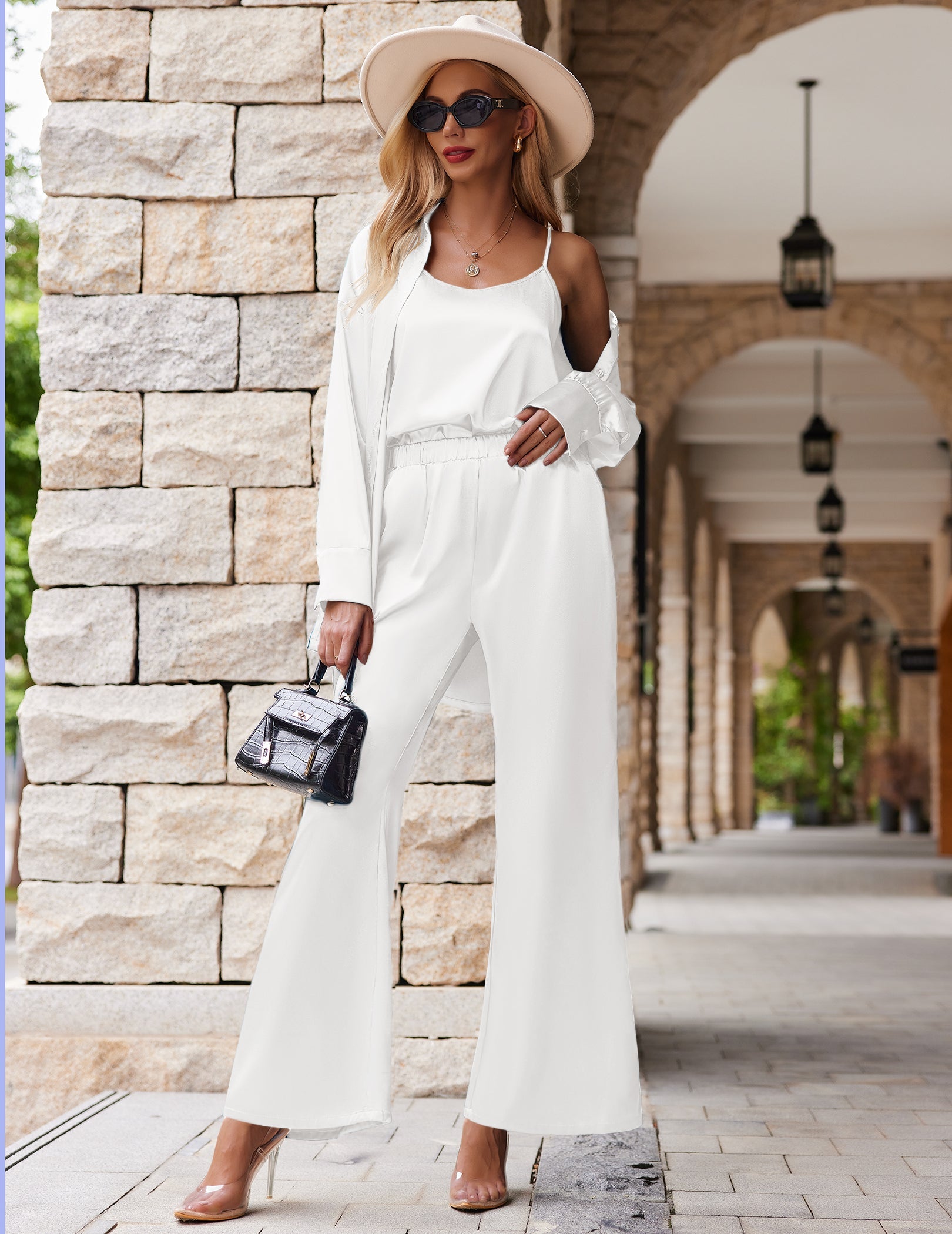 White satin silk 3-piece lounge set with long-sleeve top and wide-leg pants