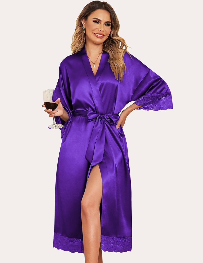 Purple satin bathrobe with lace cuffs and hem, tied waist and front slit