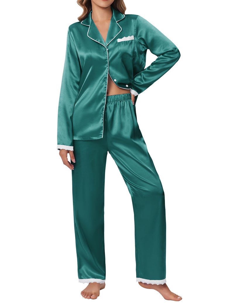 Conjunto pijama satén seda verde profundo, camisa de botones manga larga y pantalón