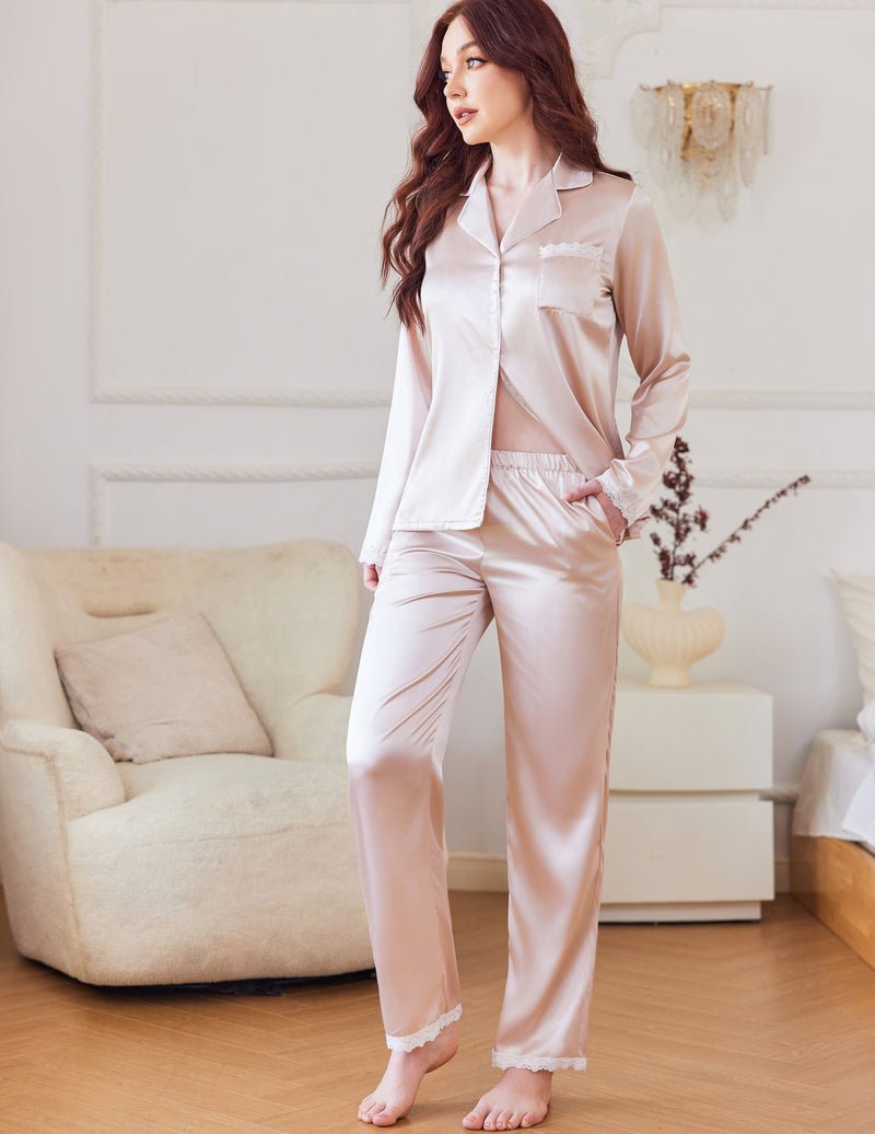 Conjunto pijama satén seda champán, camisa de botones manga larga y pantalón largo