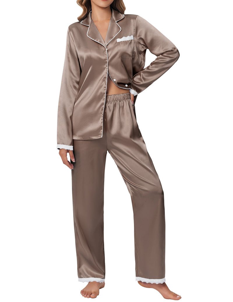 Conjunto pijama satén seda marrón, camisa de botones de manga larga y pantalón largo