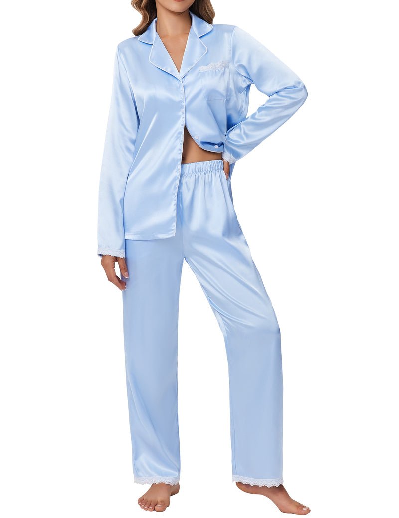 Clear blue satin pajama set: long-sleeve button shirt and lace-trim pants