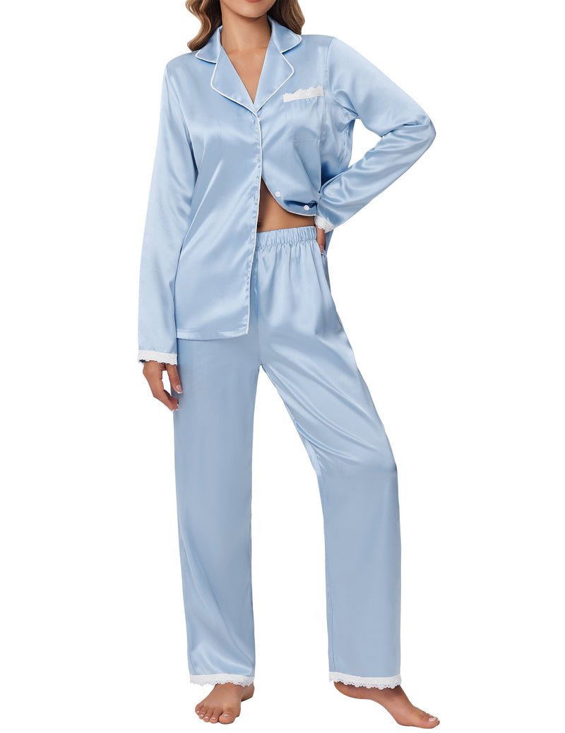 Light blue satin pajama set with open-front long-sleeve button shirt and lace-hem pants