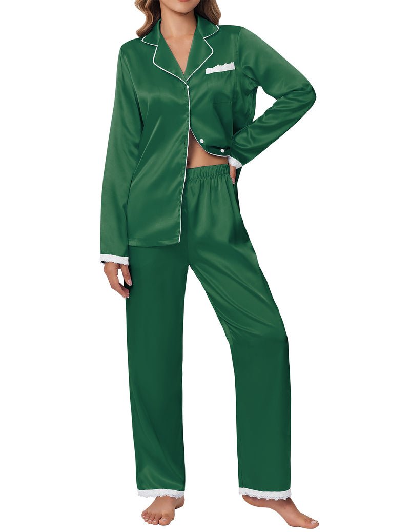 Deep green satin pajama set with long-sleeve button shirt and lace-trim trousers