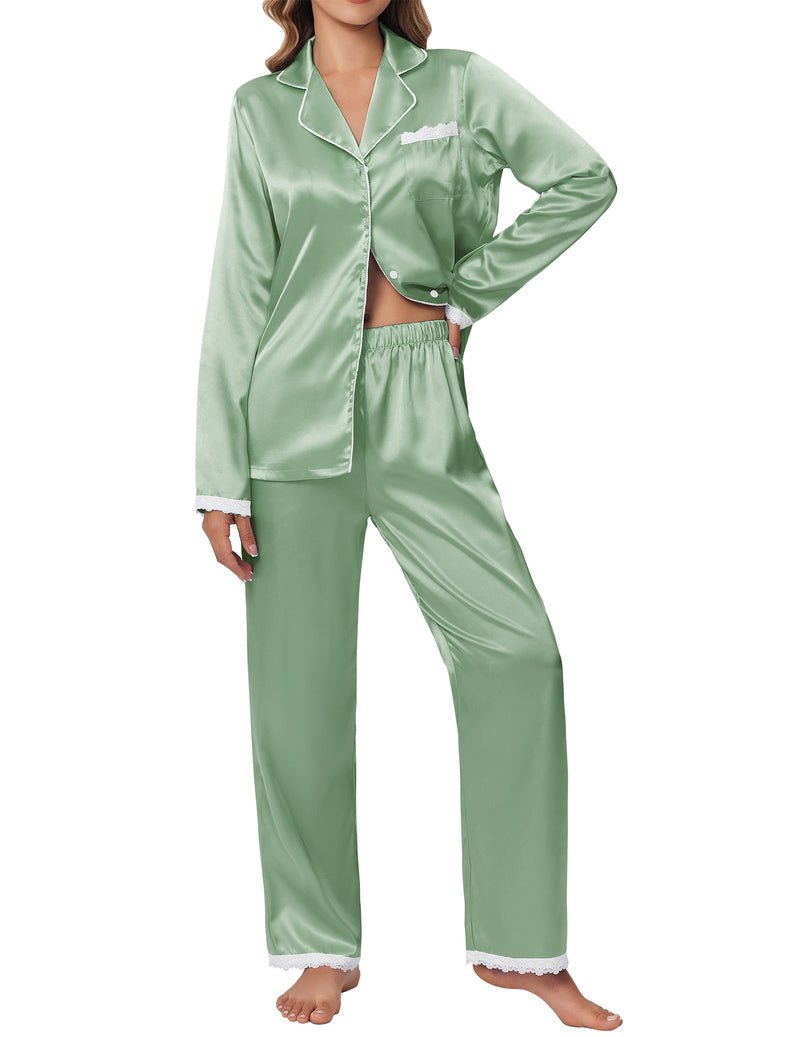 Ice green satin pajama set: long-sleeve button shirt and lace-hem pants