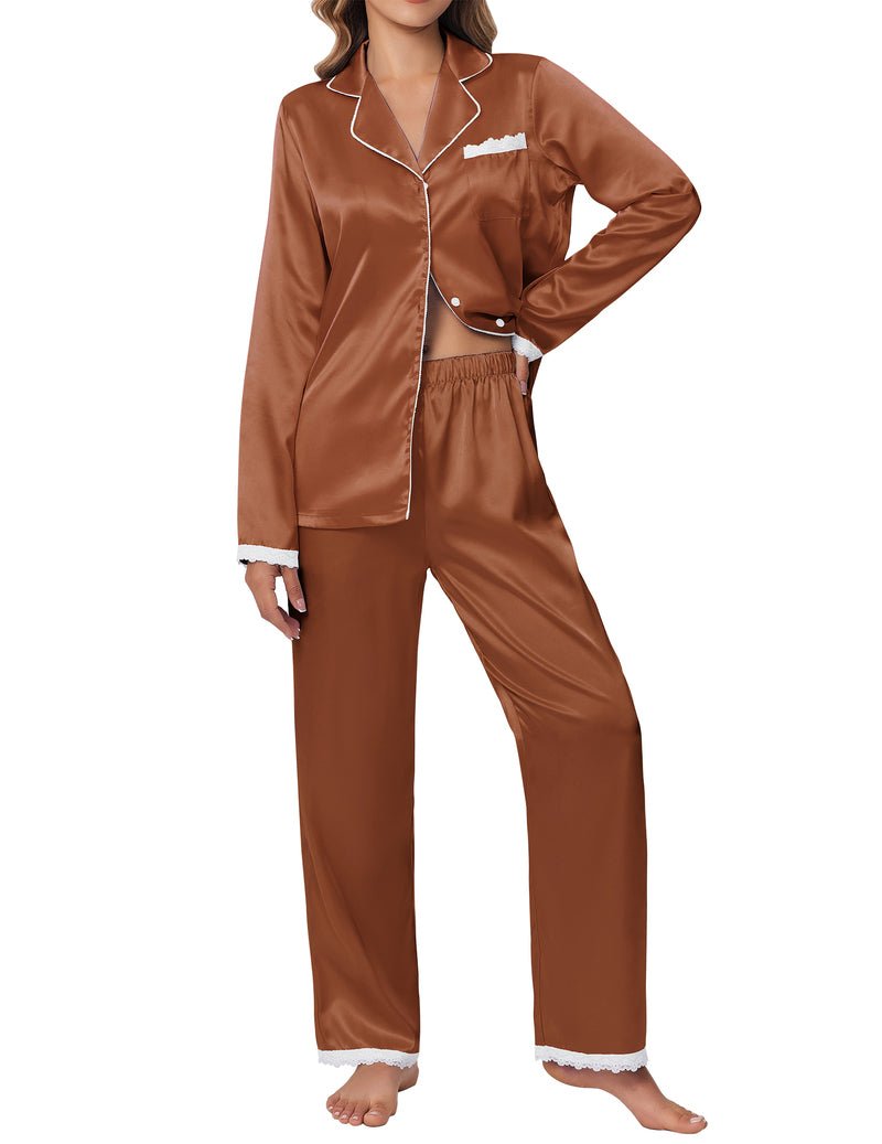Brown satin pajama set with long-sleeve button shirt and lace-trim pants