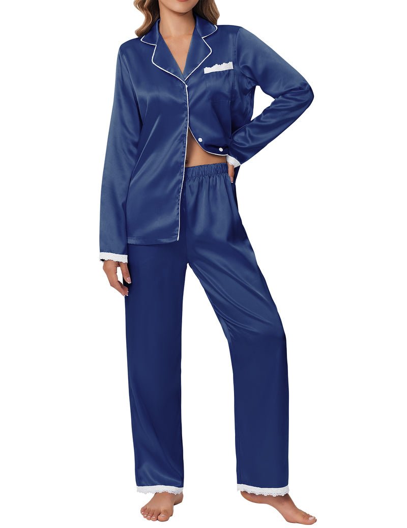 Navy blue satin pajama set with long-sleeve button shirt and lace-trim trousers