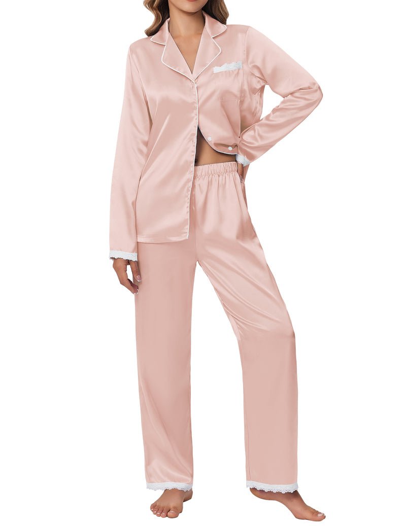 Pink satin pajama set: long-sleeve button shirt and lace-hem lounge pants