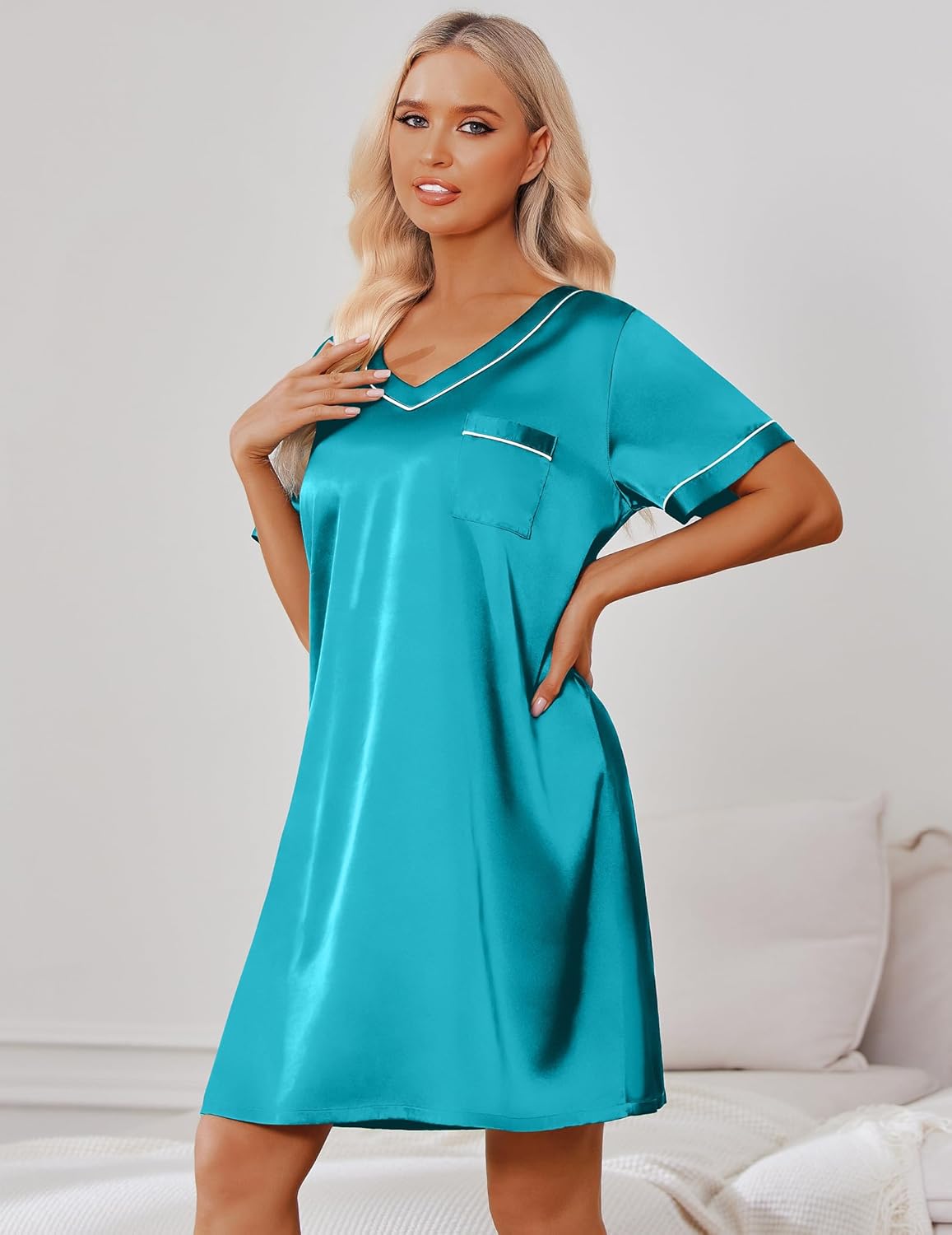 Blue-green satin silk sleep dress with V-neck, short sleeves, contrast trim and pocket