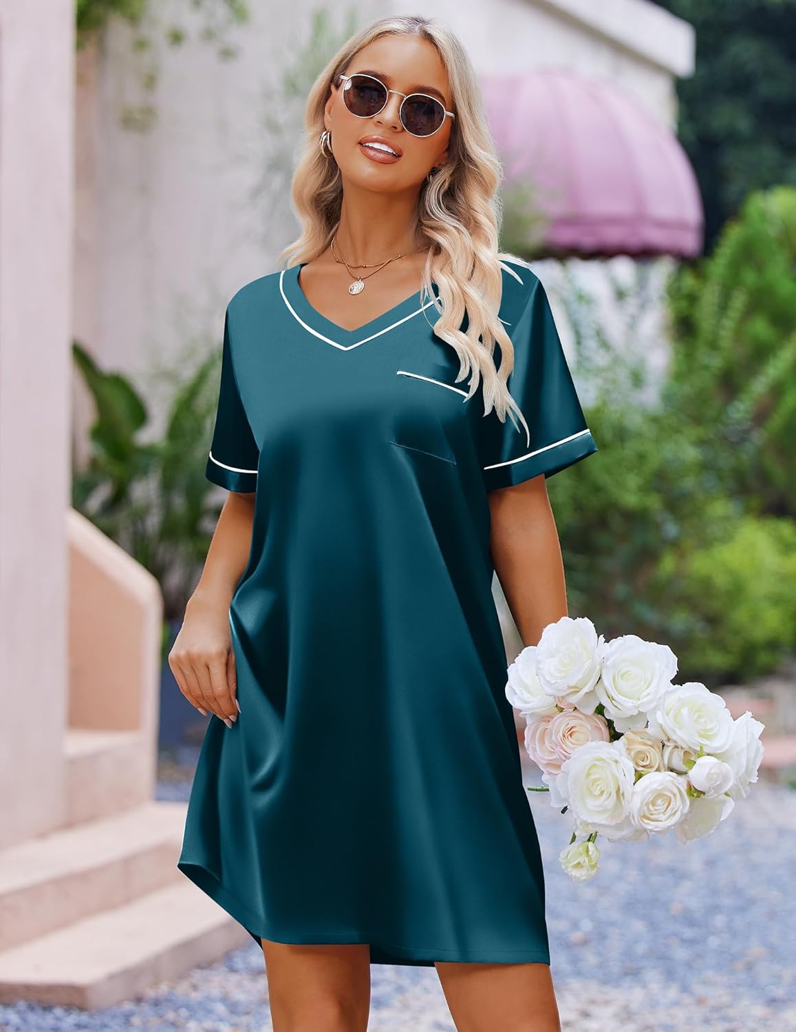Dunkelgrünes/türkises Satin-Nachthemd-Kleid mit V-Ausschnitt, kurzer Ärmel, Brusttasche